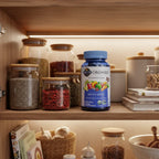 Garden of Life Mykind Organics Men's Multi bottle inside organized whole food kitchen cupboard with aesthetic health jars and soft natural shelf lighting