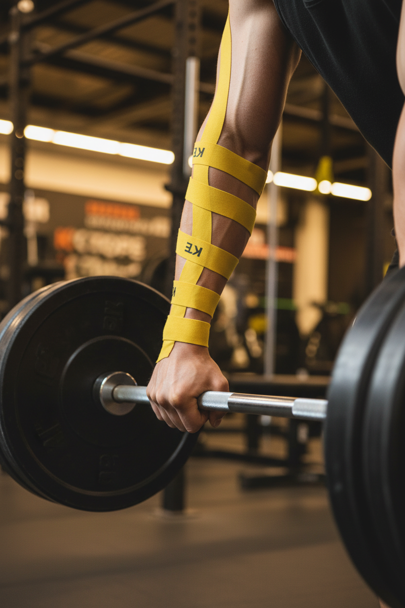 KT Tape Pro Solar Yellow applied on male athlete wrist and forearm during weightlifting session