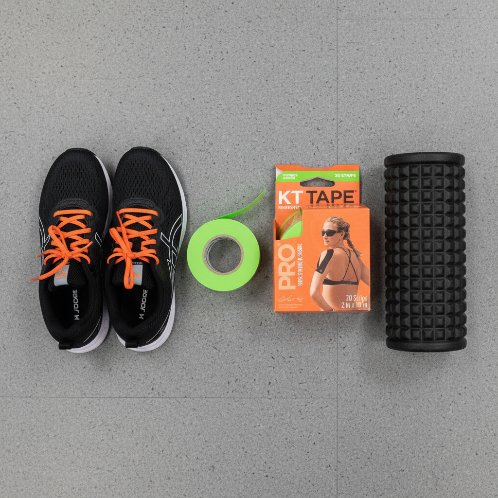 KT Tape Pro Winner Green flat lay on gym floor with orange box athletic shoes and foam roller