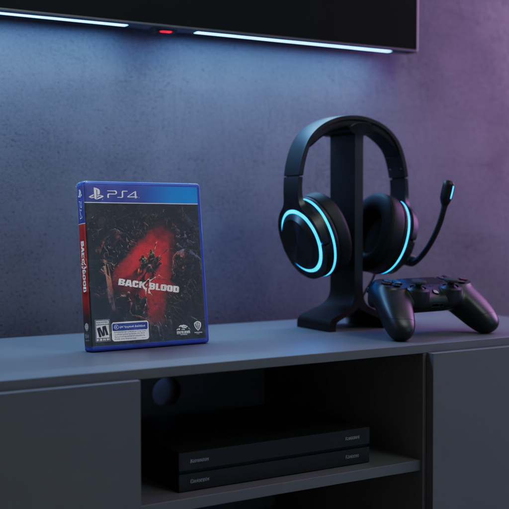 Back 4 Blood PS4 game case on modern media console with LED gaming headset and PS4 controller