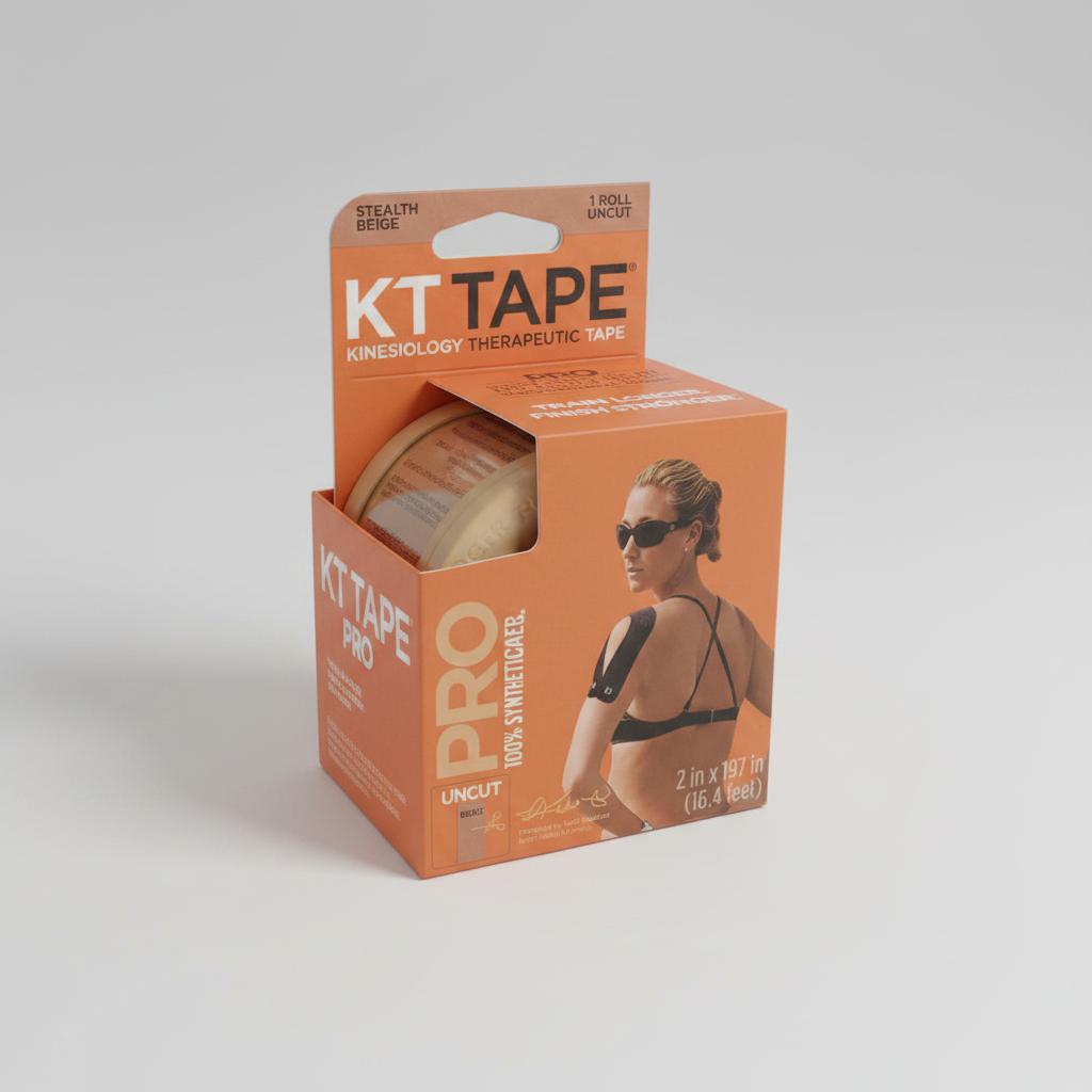 AI-generated contextual image of KT Tape Pro Beige (Stealth) 1 Uncut Roll at a gentle three-quarter angle