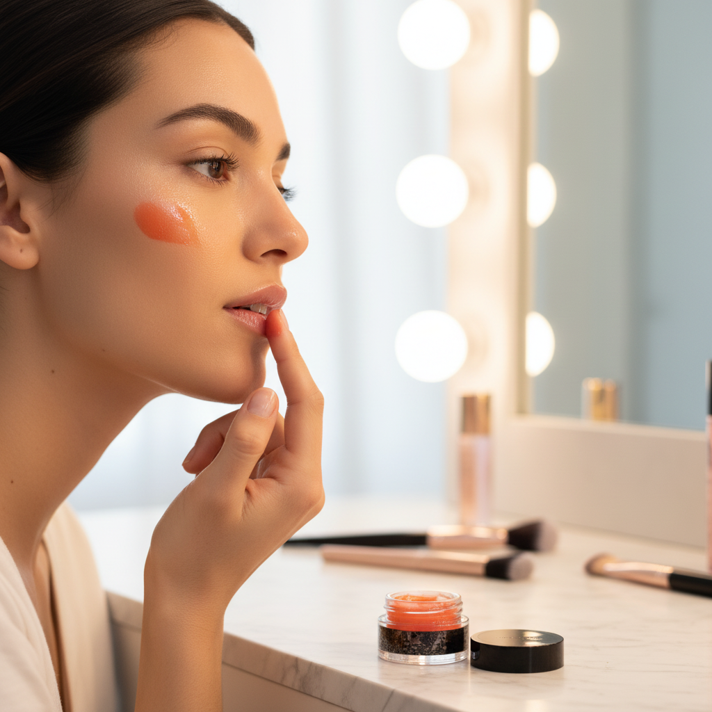 Woman applying Mary Kay Cheek Glaze orange gel to cheeks with fingertip at bright vanity mirror fresh dewy beauty editorial