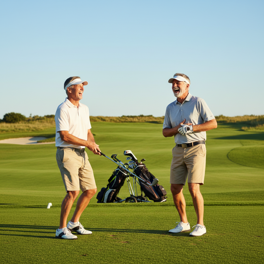 Two older men laughing and playing golf together on sunny green course active lifestyle photo