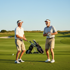 Two older men laughing and playing golf together on sunny green course active lifestyle photo