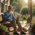 Older adult man relaxing on porch in morning sunlight with coffee and newspaper