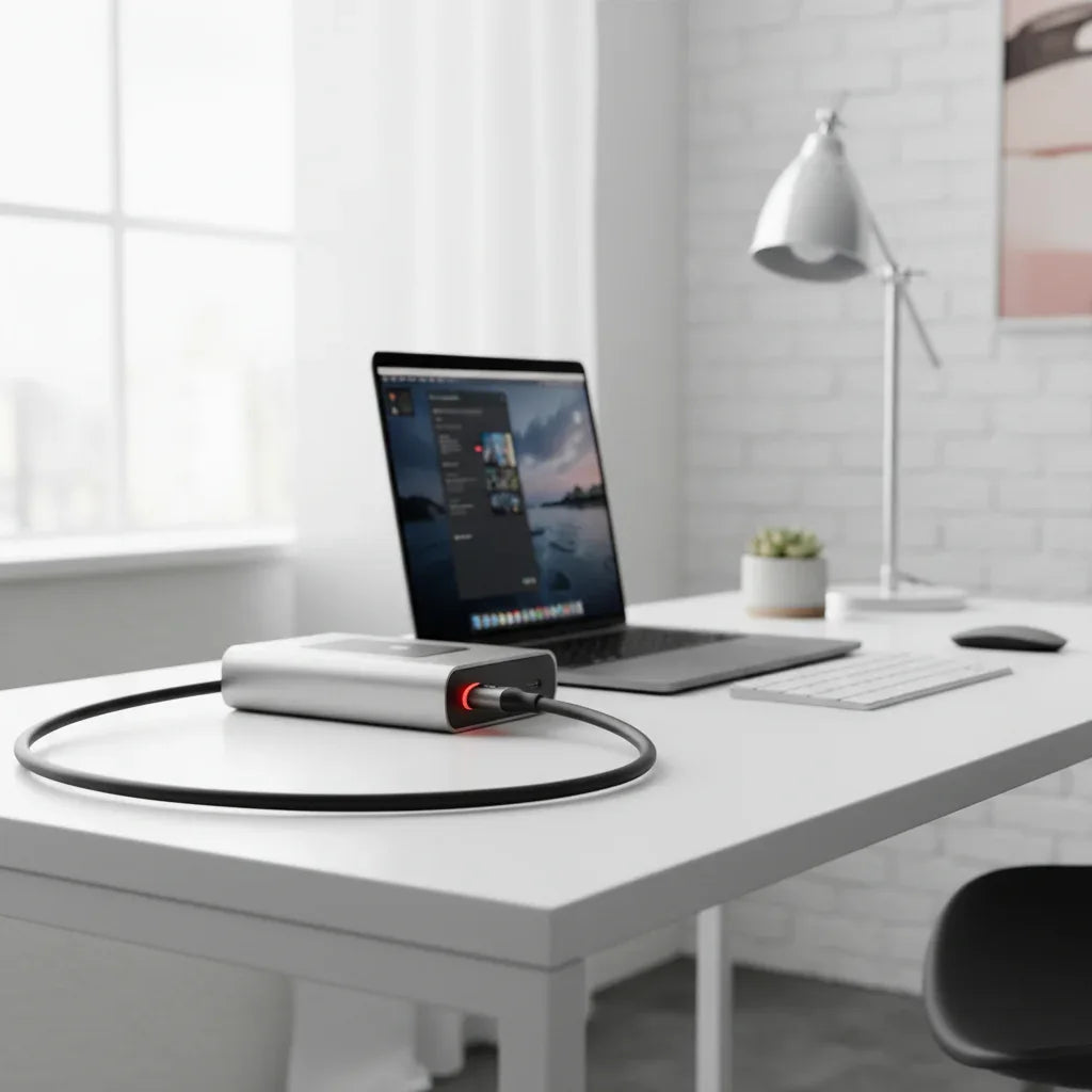 Monster 6ft Red LED HDMI Cable plugged into laptop docking station on sleek modern home office desk