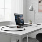 Monster 6ft Red LED HDMI Cable plugged into laptop docking station on sleek modern home office desk
