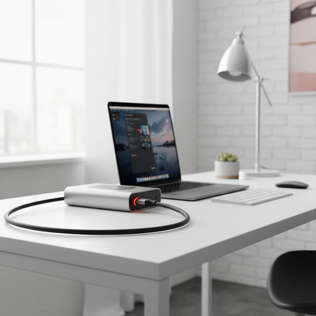 Monster 6ft Red LED HDMI Cable plugged into laptop docking station on sleek modern home office desk