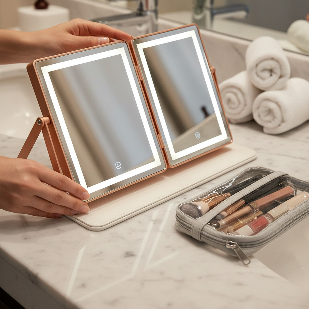 Woman setting up foldable face case vanity mirror on marble hotel vanity with detached clear pouch beside it