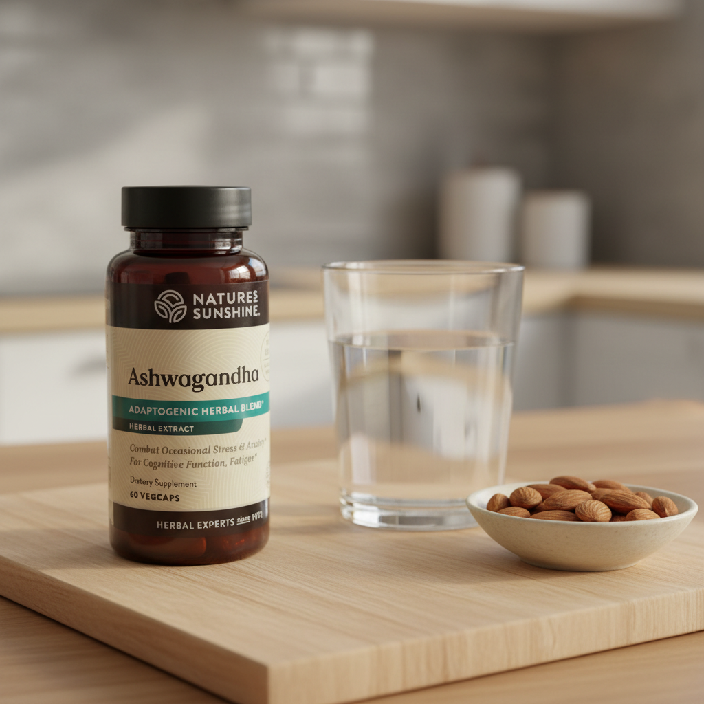 Nature's Sunshine Ashwagandha bottle on light-wood kitchen station with clear glass of water and bowl of healthy almonds
