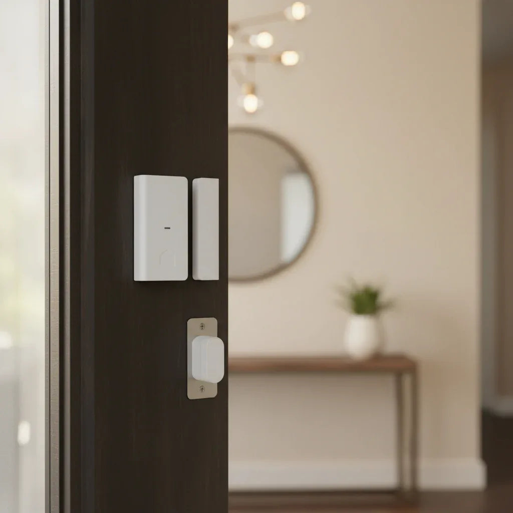 Quirky + GE Tripper Smart Door Sensor installed on corner of contemporary dark-wood entry door as part of high-end home security baseline