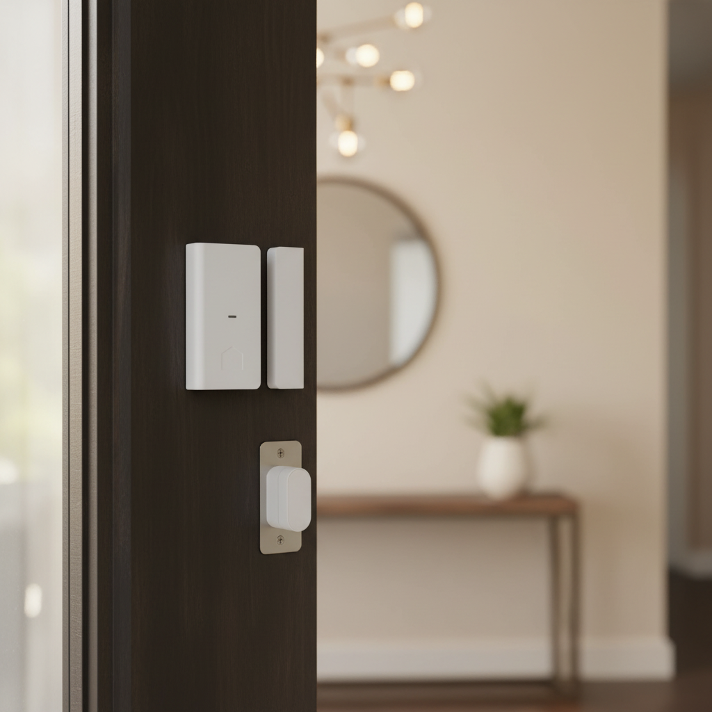 Quirky + GE Tripper Smart Door Sensor installed on corner of contemporary dark-wood entry door as part of high-end home security baseline