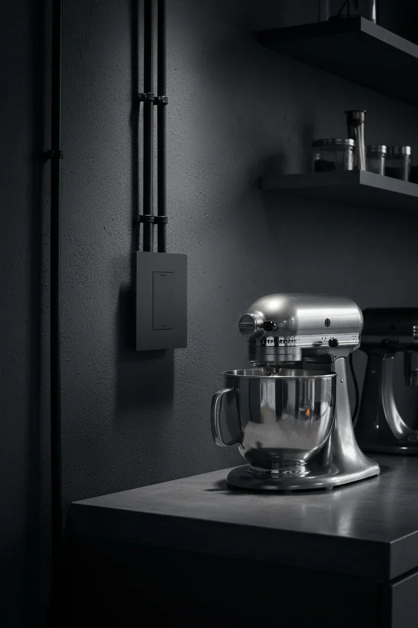 Legrand Adorne graphite screwless wall plate installed on dark charcoal wall in modern industrial kitchen next to chrome countertop mixer