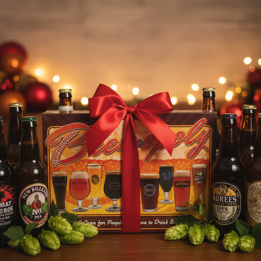 Brew-opoly Board Game as gift with bow and craft beer bottles - perfect beer lover gift - More4less Outlet