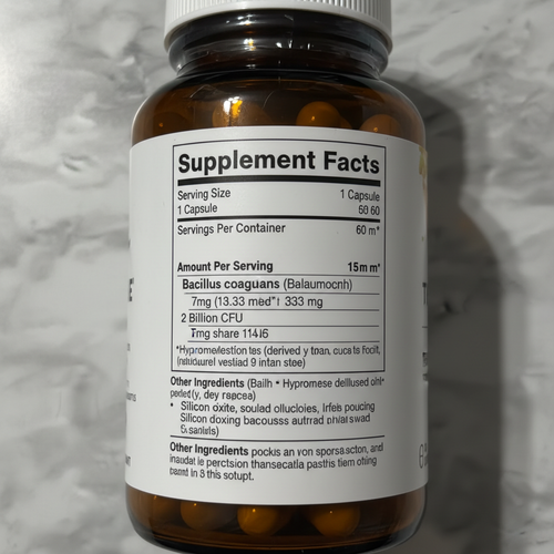 Macro close-up of Supplement Facts panel on Thorne Bacillus Coagulans bottle showing 2 billion CFU per capsule