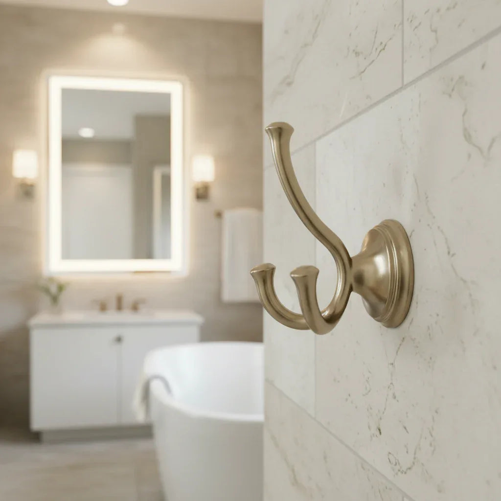 Elegant champagne bronze Delta Cassidy robe hook installed inside a luxury master bath space