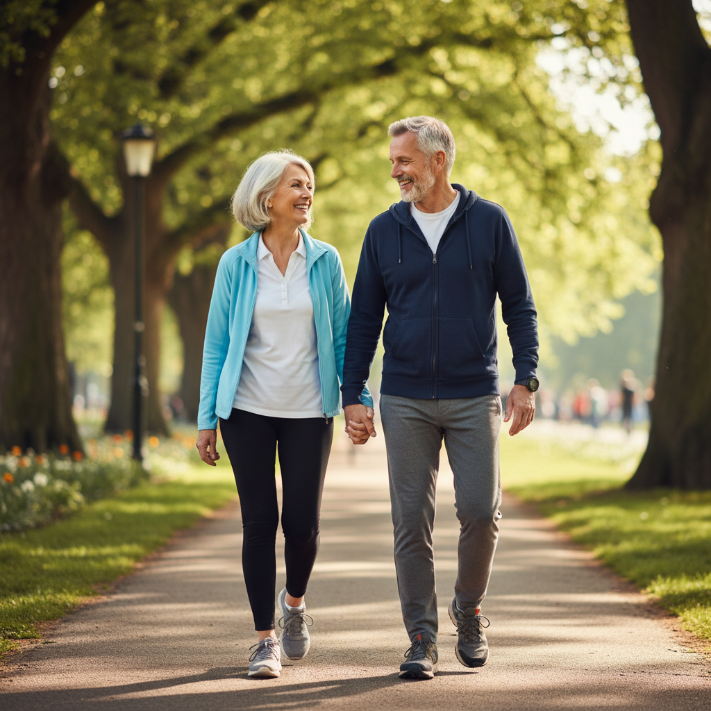 Active older couple walking together in a sunny park supporting healthy aging lifestyle