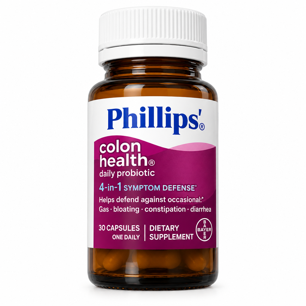 Phillips' Colon Health Daily Probiotic amber glass bottle, studio product shot
