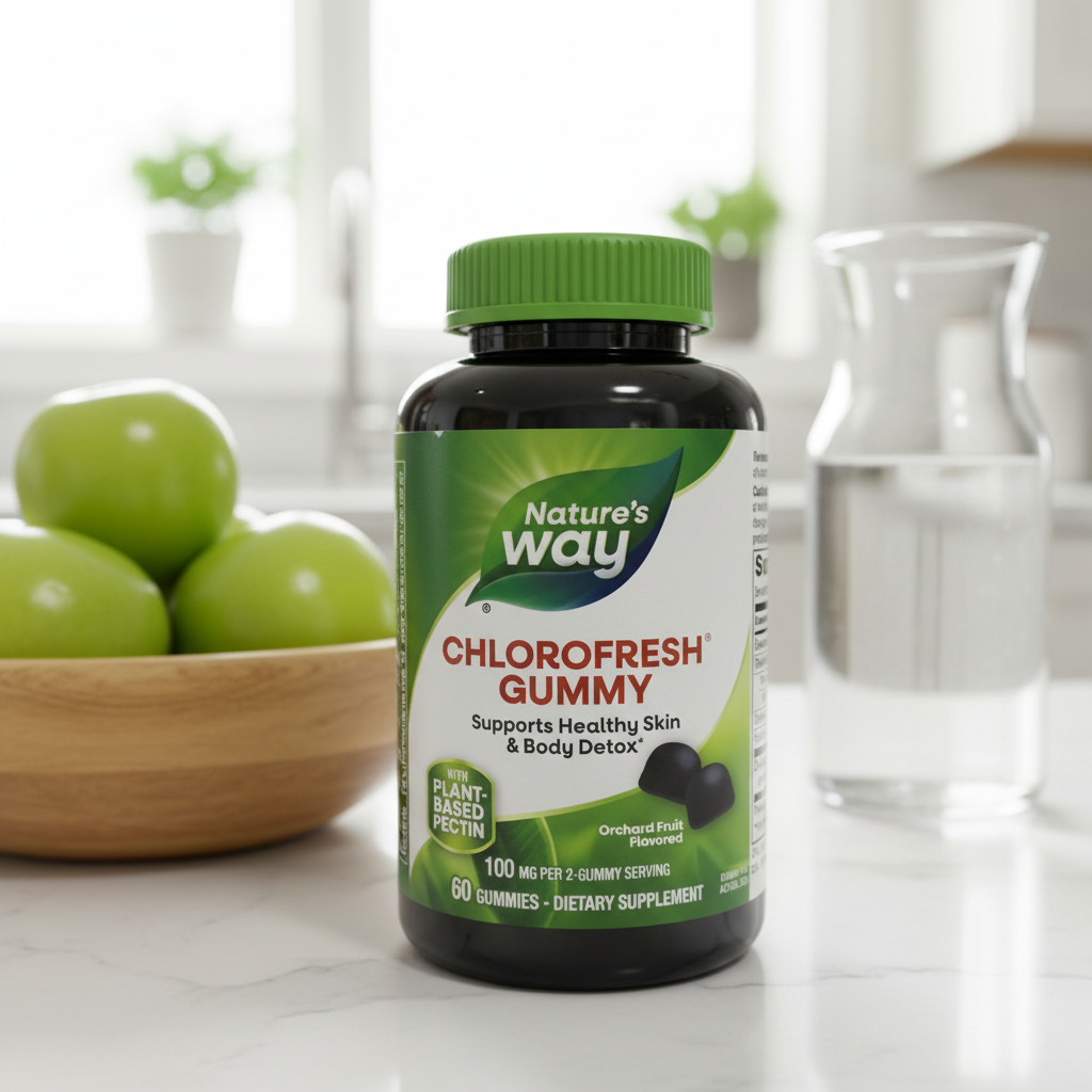 Nature's Way Chlorofresh Gummies bottle on white quartz breakfast nook with wooden bowl of green apples and clear glass water carafe