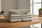 Eden Home Odara sheet set folded neatly on a wooden shelf with warm morning light, neutral sand linen tones