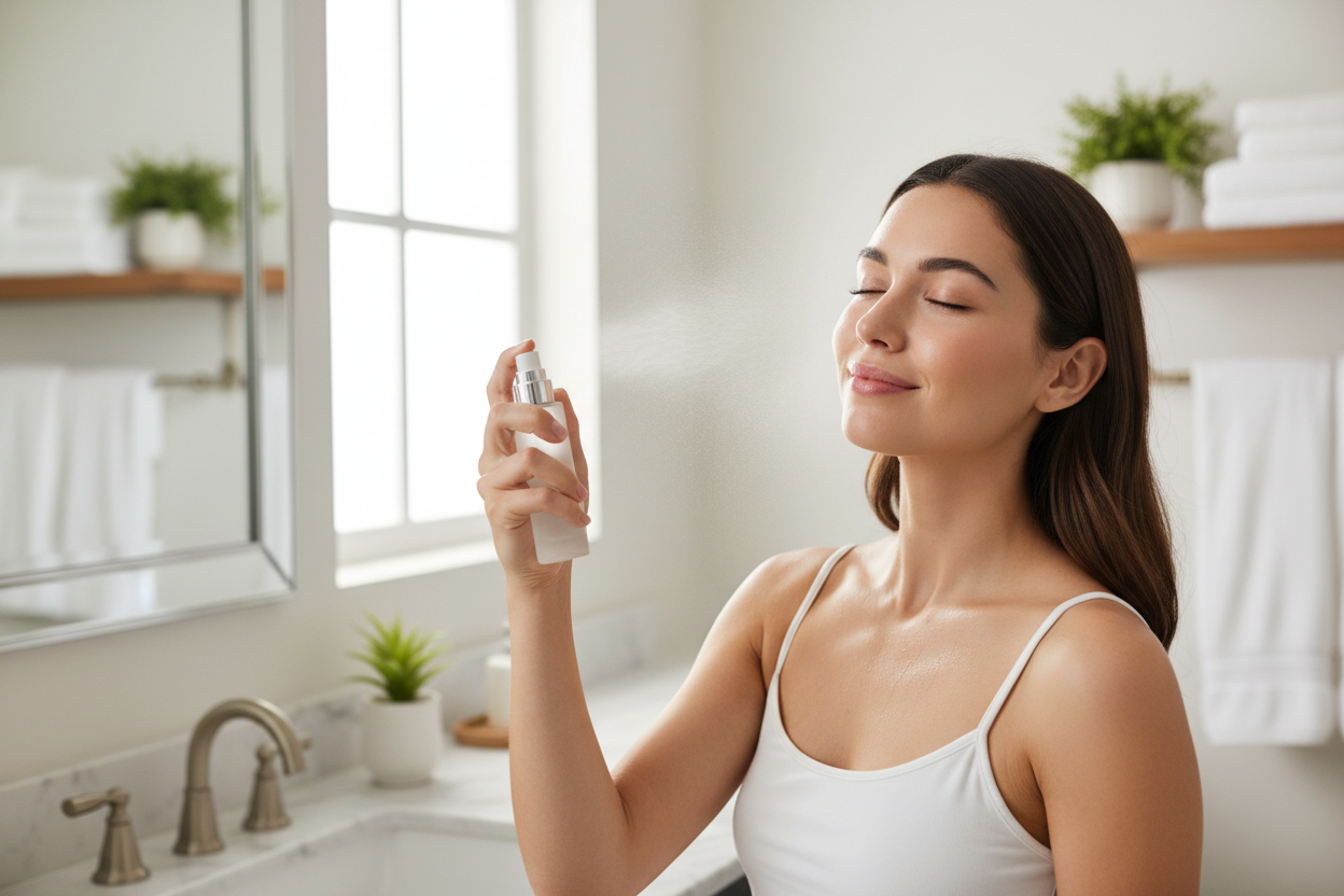 Young woman spraying facial mist toner with eyes closed looking refreshed - skincare toner routine lifestyle