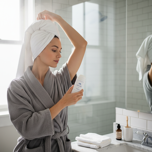 Person applying solid stick deodorant in bright bathroom