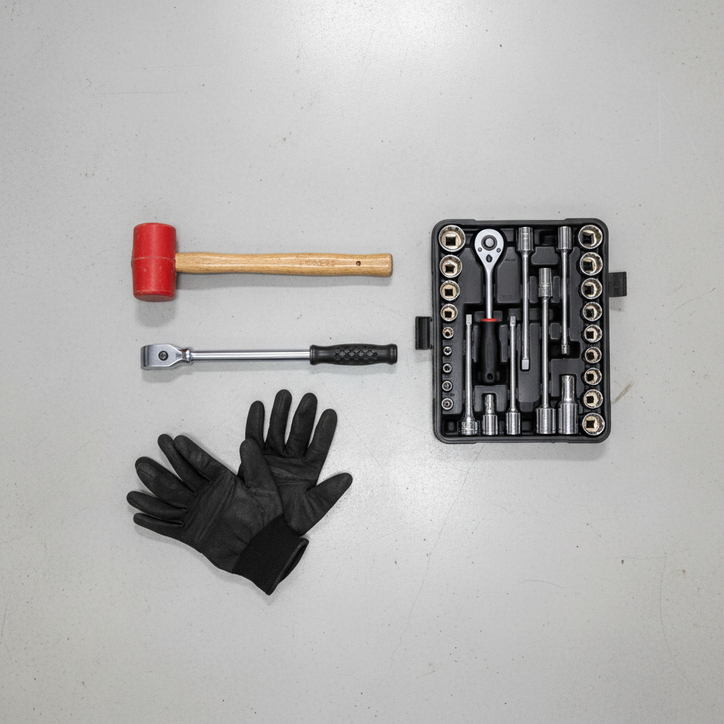 Flat-lay of automotive suspension repair tools including torque wrench socket set rubber mallet and mechanic's gloves on clean garage floor