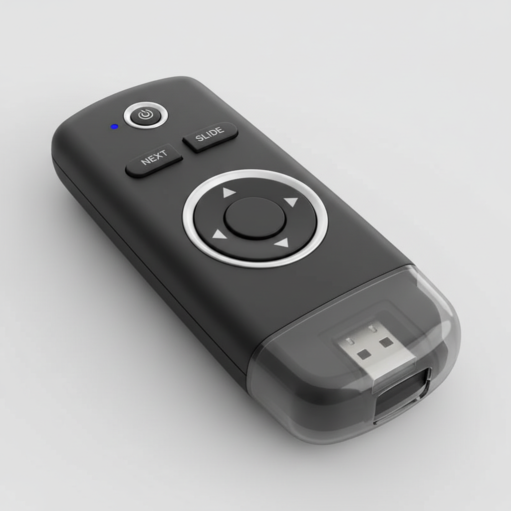 Close-up compact wireless presentation remote with USB receiver stored inside palm-sized device detail shot neutral background studio photography