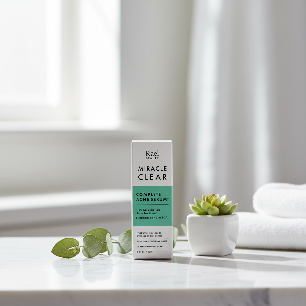 Rael Beauty Miracle Clear Acne Serum green and white box on white marble vanity with soft morning light and botanical accents – More4less Outlet