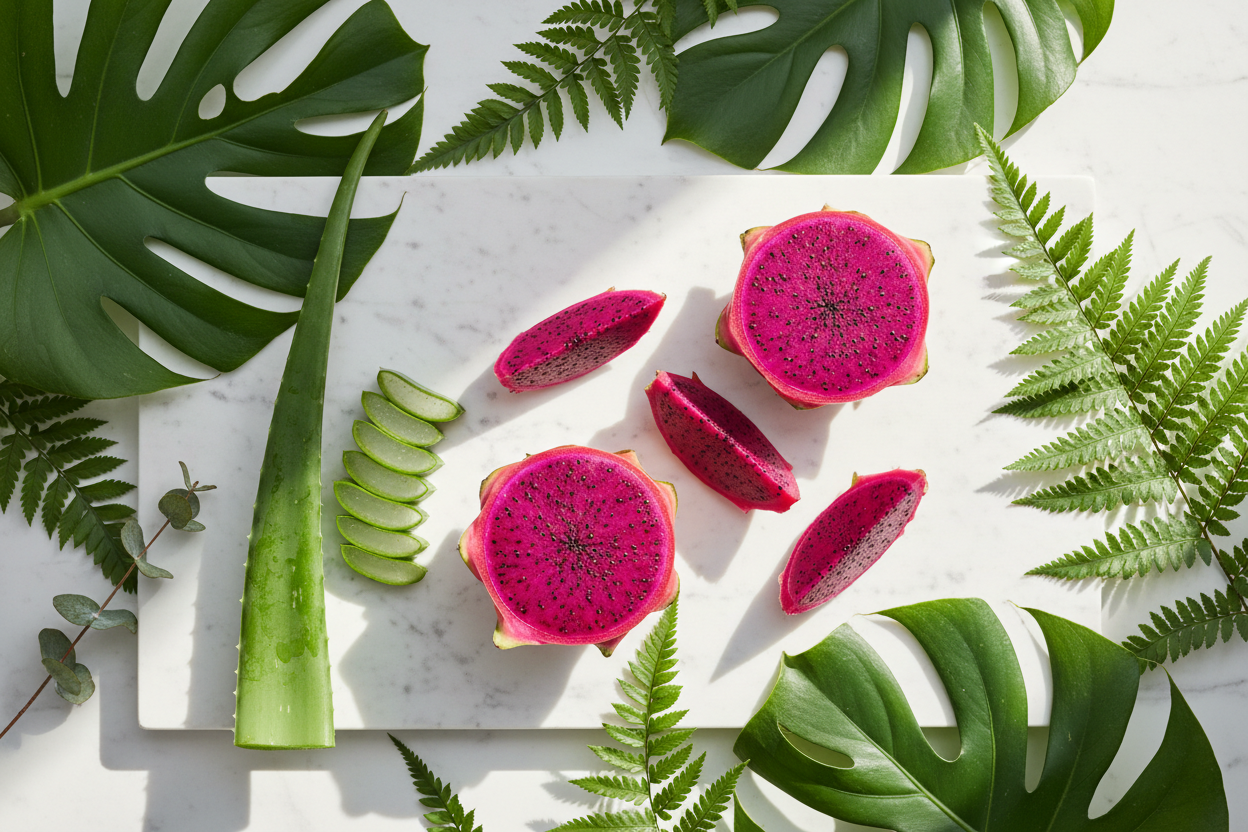 Dragon fruit cut open with aloe vera leaf and botanical leaves on white marble - skincare ingredient flat lay