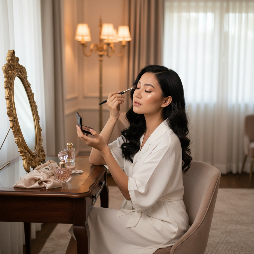 Woman at vanity applying eyeshadow from a compact palette