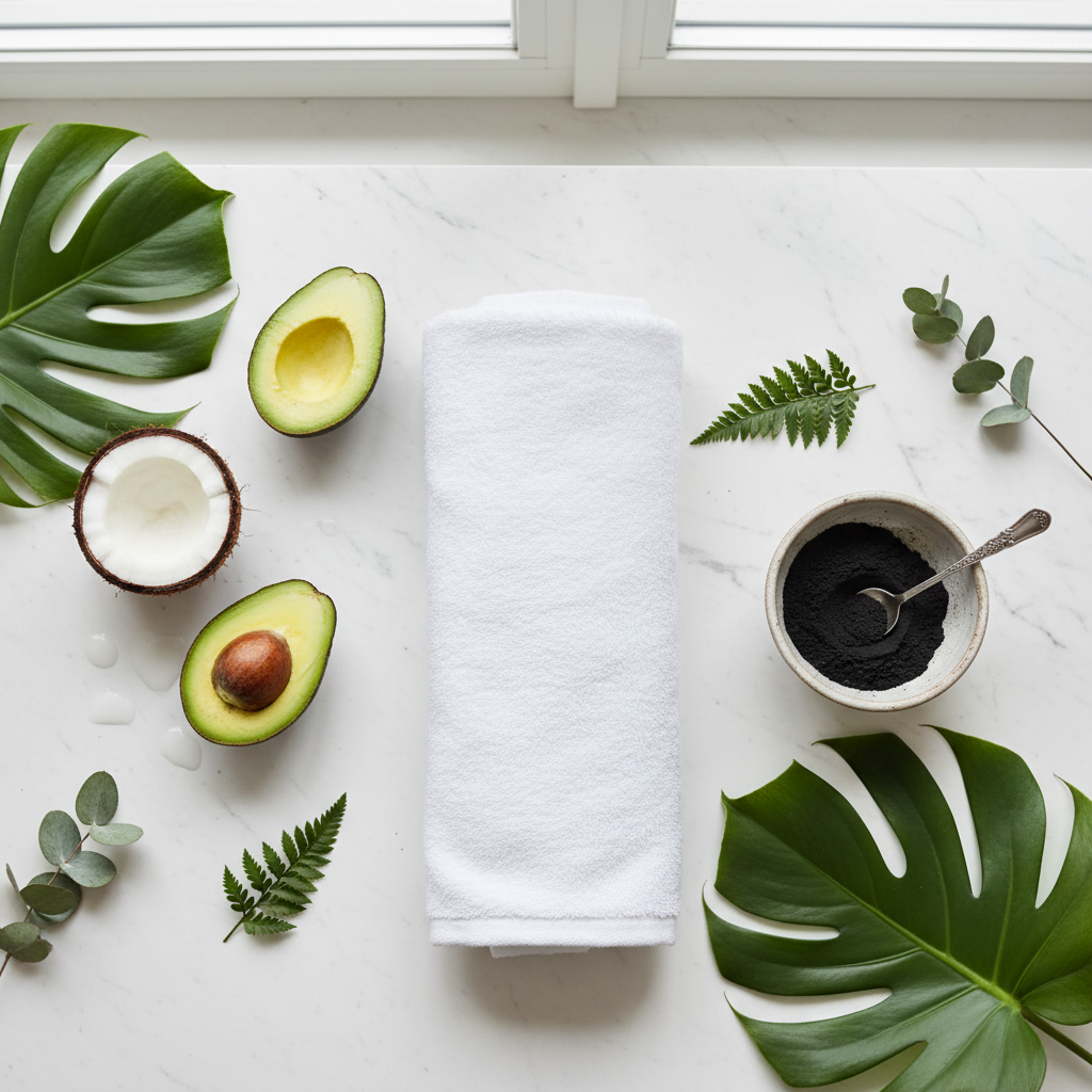 Flat-lay skincare self-care setup with white towel, avocado, coconut, charcoal powder and green leaves on white marble surface