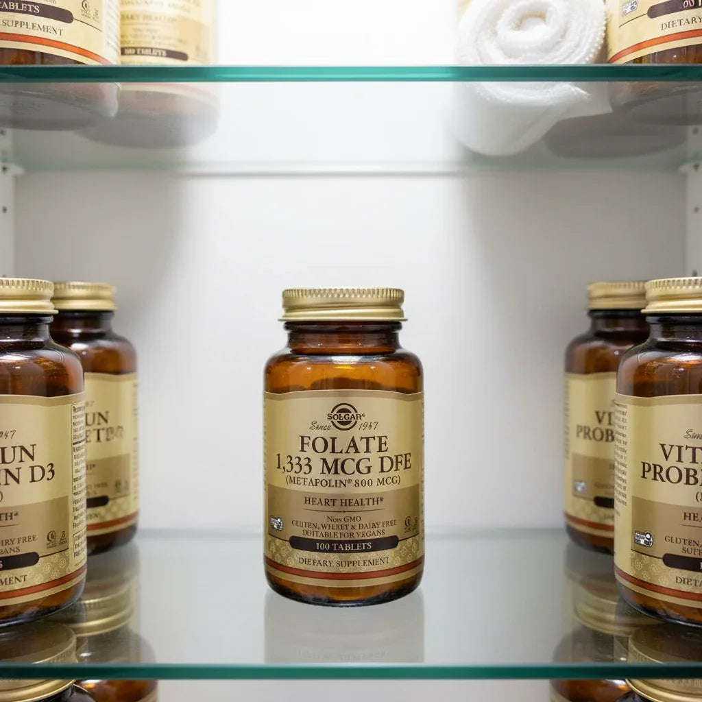 Solgar Folate 1333 mcg DFE inside clean bright medicine cabinet with premium amber-glass wellness bottles