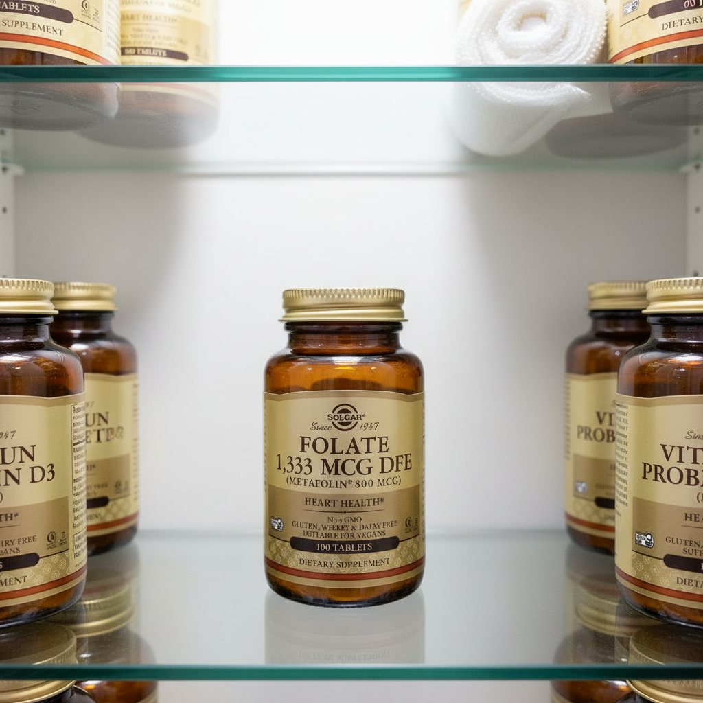Solgar Folate 1333 mcg DFE inside clean bright medicine cabinet with premium amber-glass wellness bottles