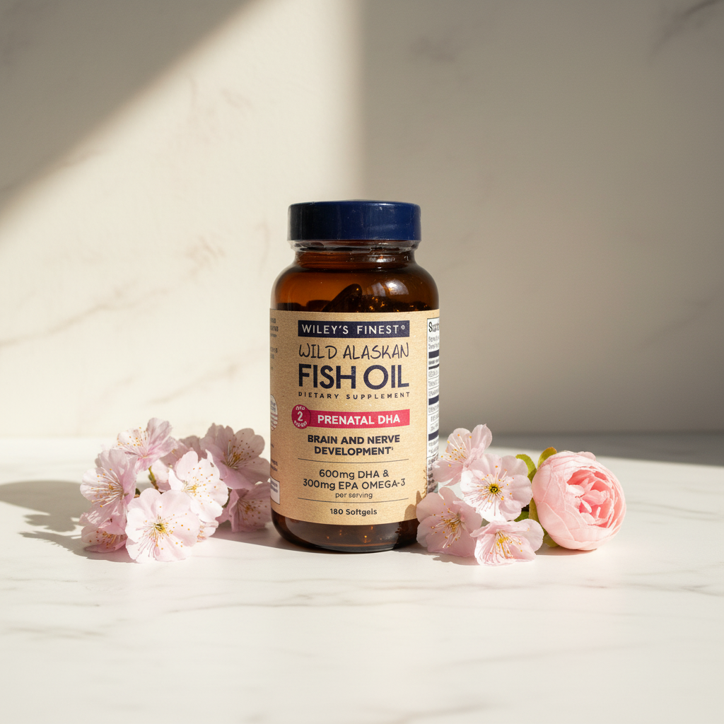 Lifestyle context image of Wiley's Finest Prenatal DHA Fish Oil 180 softgels (AI-generated for visual illustration only) – white marble surface with pink flowers – More4less Outlet