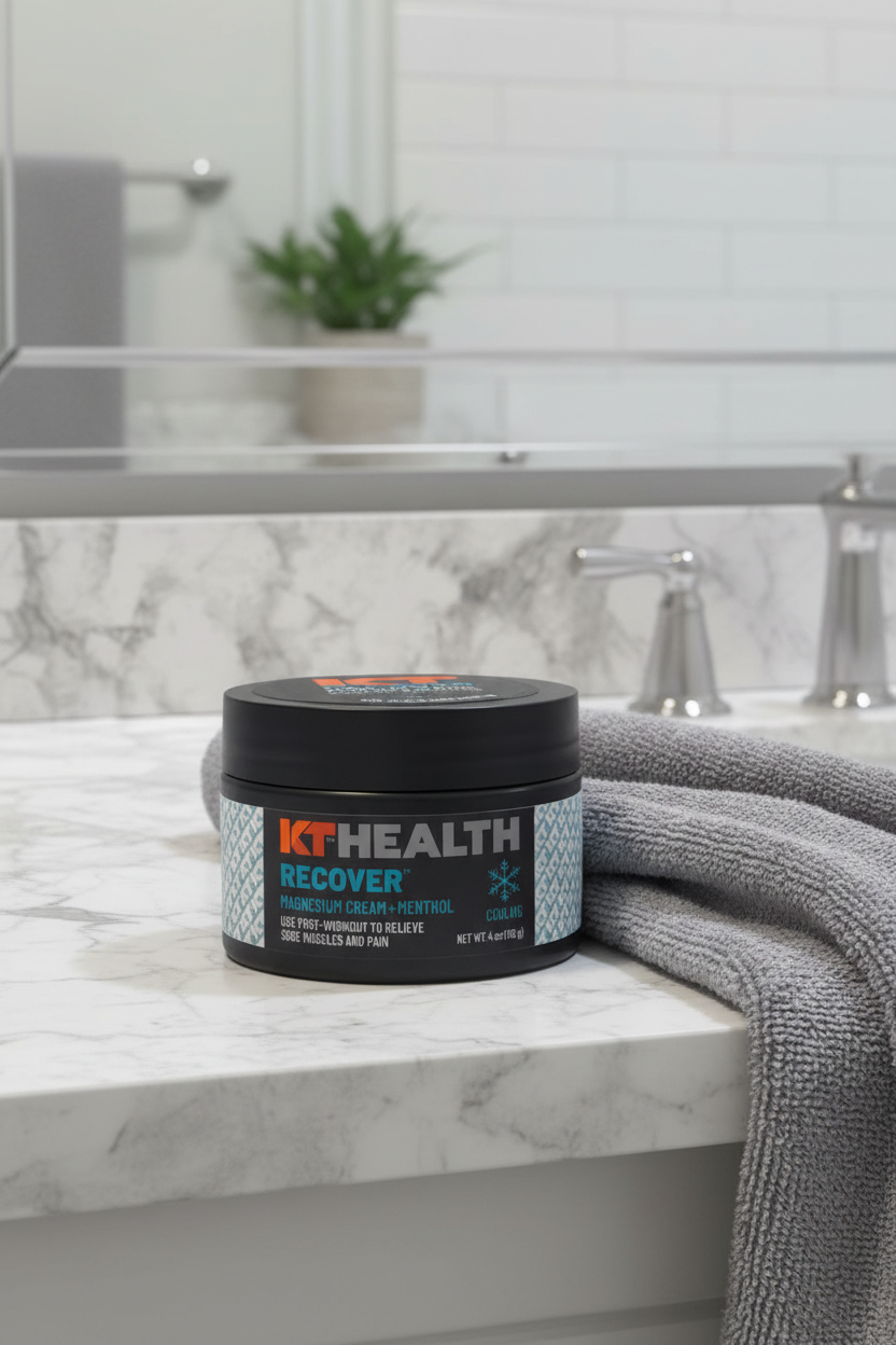 KT Health Recover Magnesium Cream on bathroom counter next to towel after post-workout shower