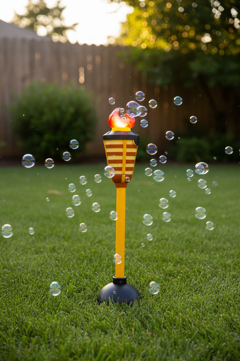 Maxx Bubbles Tiki Torch Bubbler standing in backyard lawn summer evening bubbles floating lights glowing