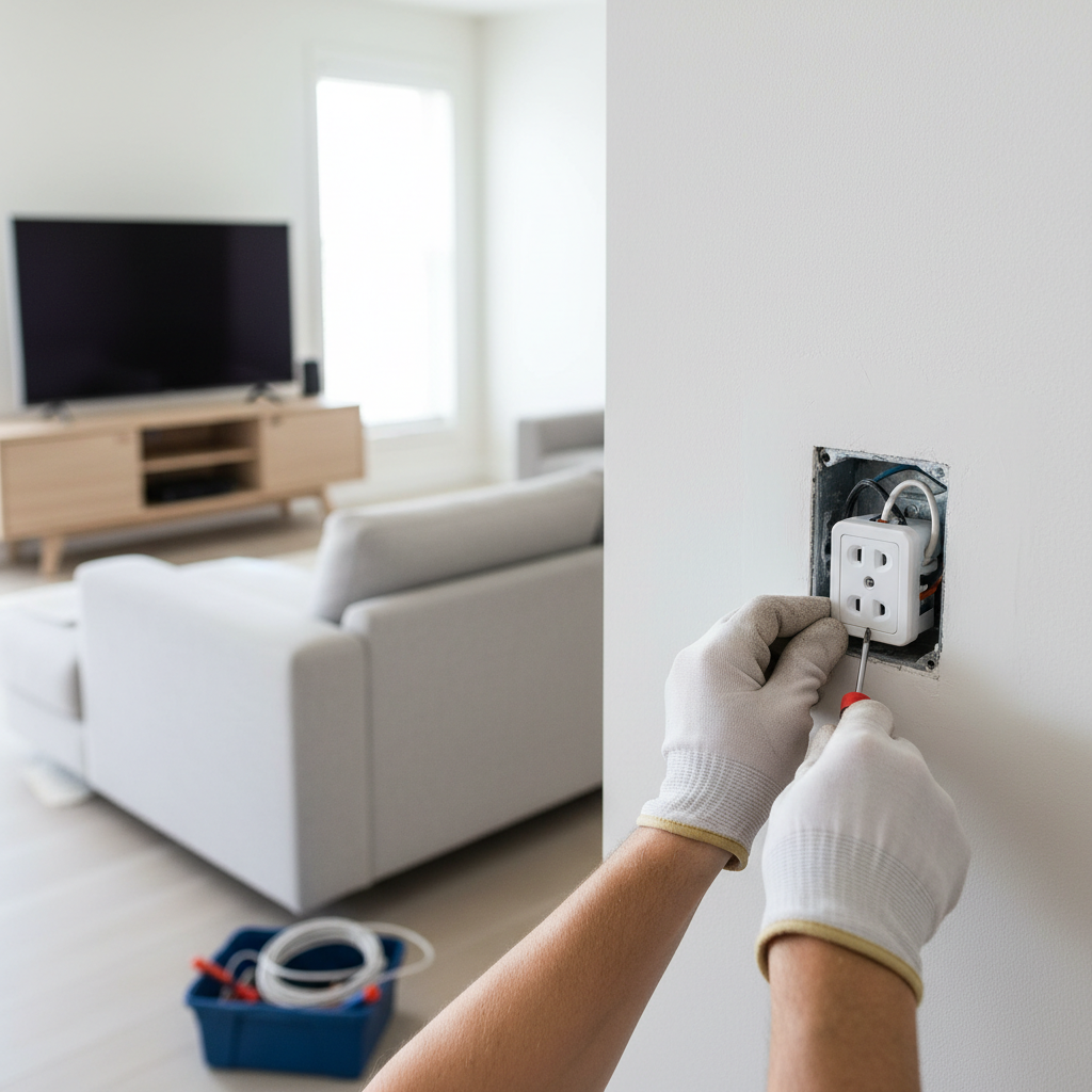 Homeowner installing white in-wall electrical outlet into junction box with screwdriver