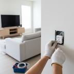 Homeowner installing white in-wall electrical outlet into junction box with screwdriver