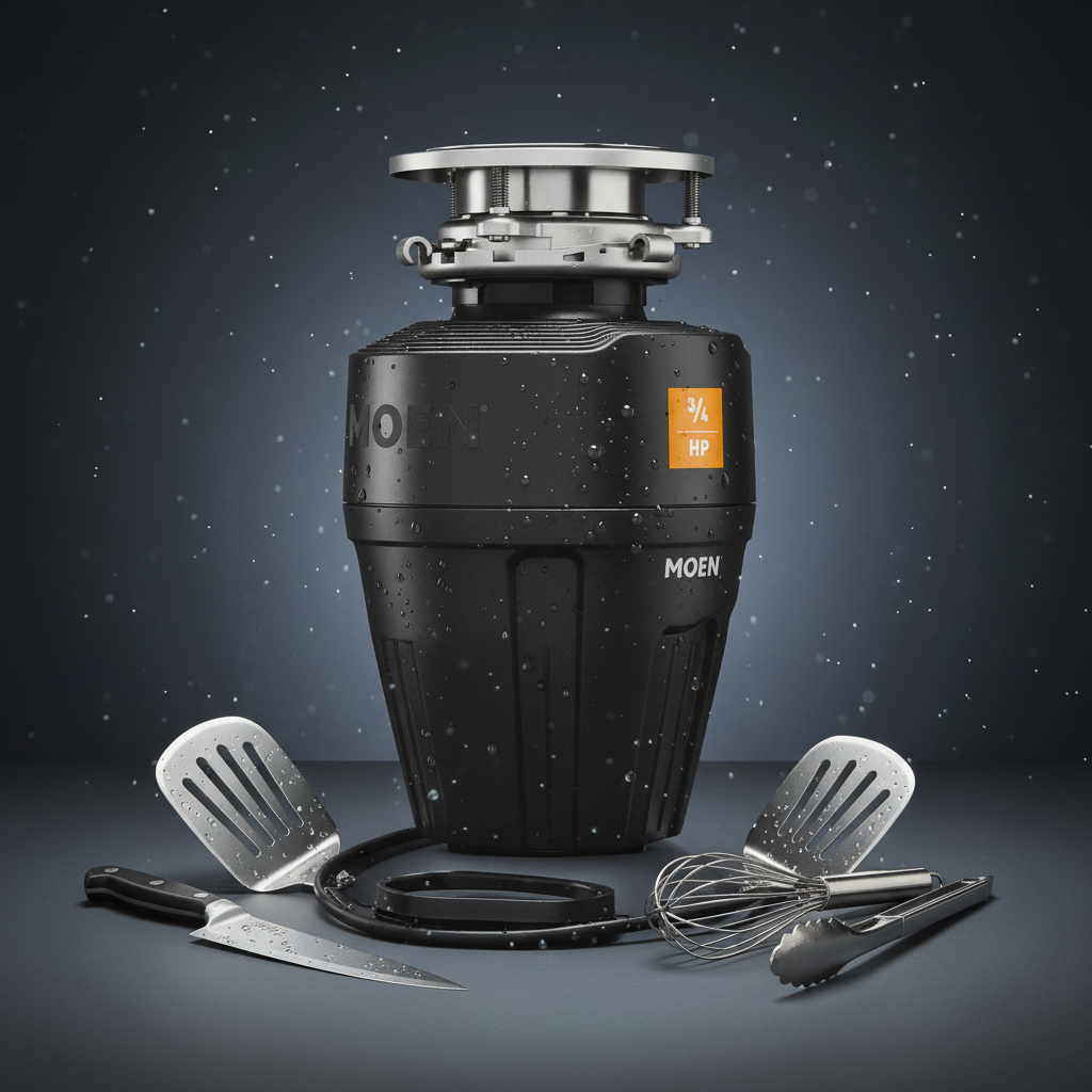 Moen Host EX75c garbage disposal dark slate editorial with water droplet and stainless kitchen accents – More4less Outlet