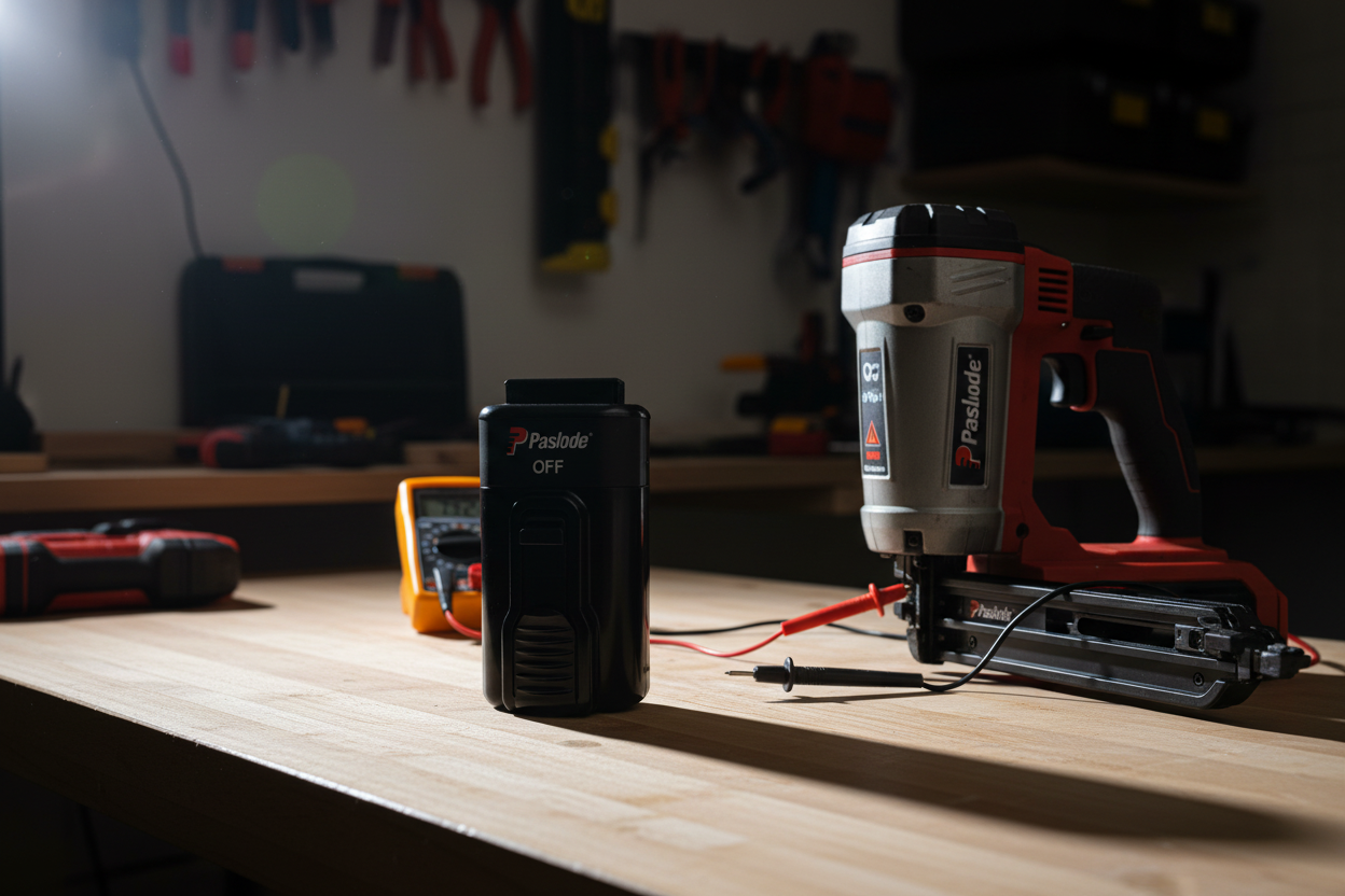 Paslode 7.2V Li-ion battery on workbench with multimeter verifying power presence - More4less Outlet