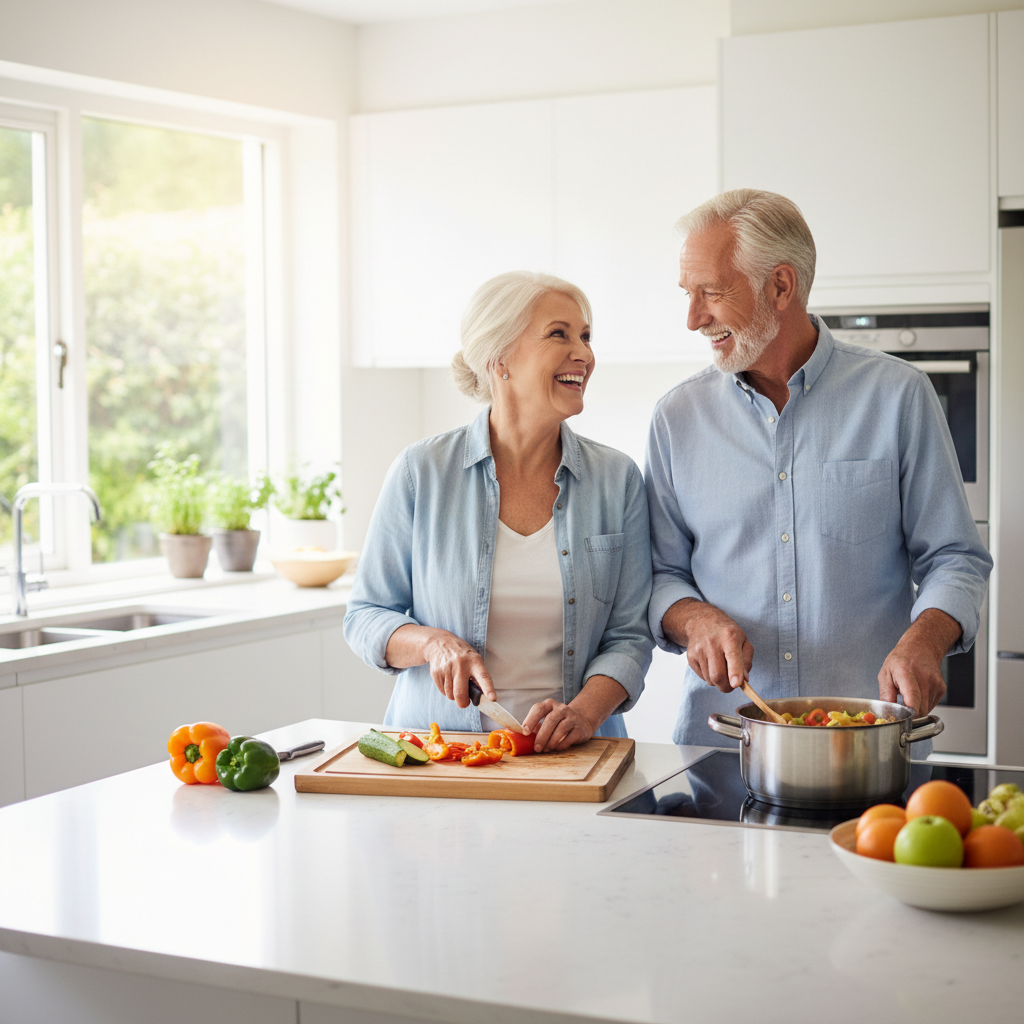 Older couple cooking a healthy meal together in a bright modern kitchen
