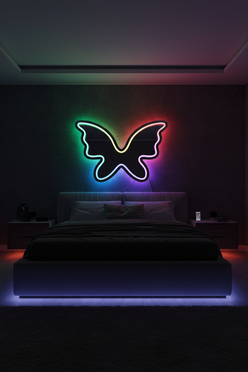 Melannco butterfly shaped LED mirror glowing with colorful RGB lighting in dark modern bedroom