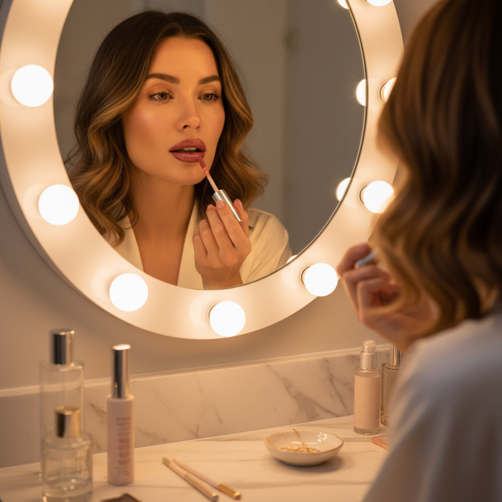 Woman applying a rich gel lipstick at a vanity mirror in warm elegant lighting