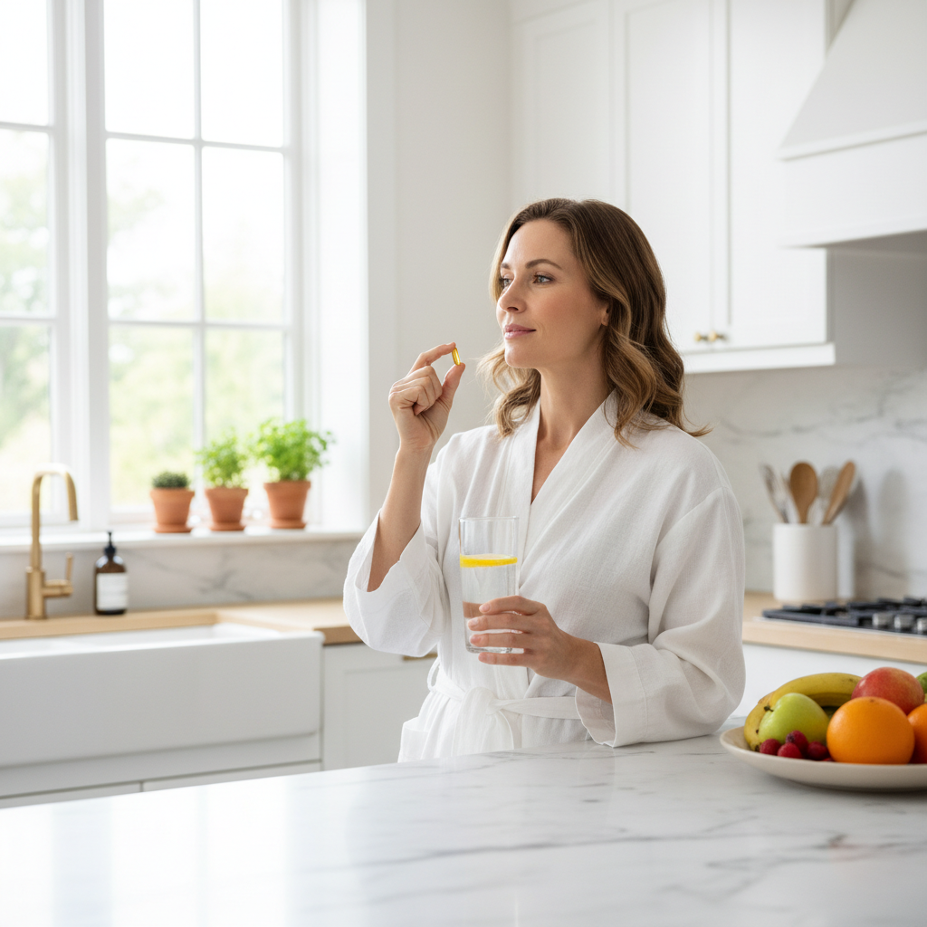 Woman taking a vitamin capsule with a glass of water in a bright modern kitchen
