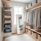 Neatly organized walk-in closet with hanging fabric shelf organizer holding folded jeans and sweaters on wooden rod