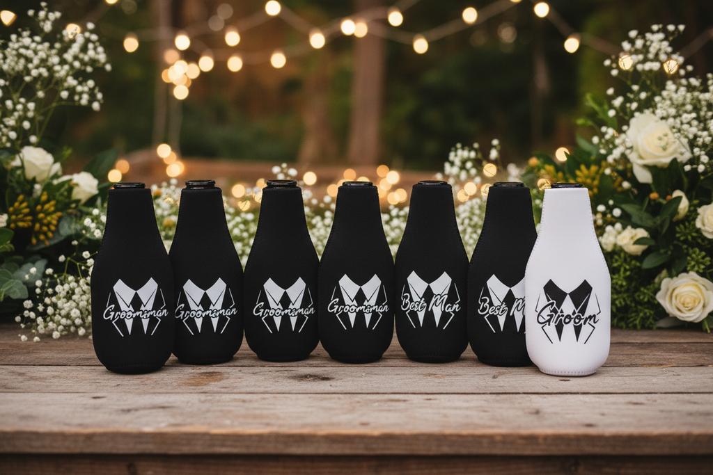 Lady and Home bridal party bottle sleeves set of 7 displayed on rustic wooden table with wedding greenery flowers and string lights