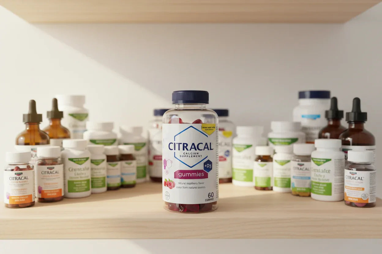 Citracal Calcium D3 Gummies bottle on organized modern supplement pantry wooden shelf