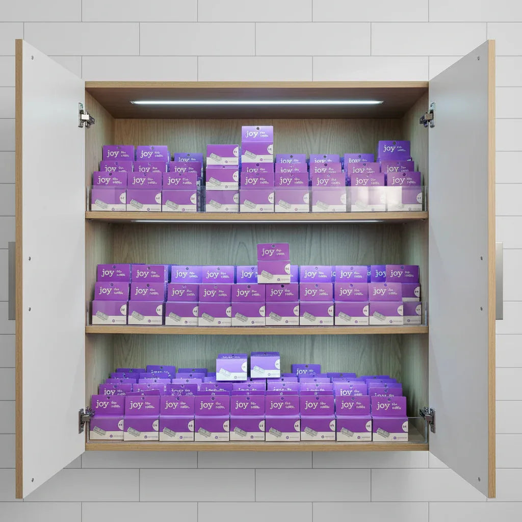 Joy 5-Blade Razor Refills 12ct in organized bathroom storage cabinet showing bulk supply stock