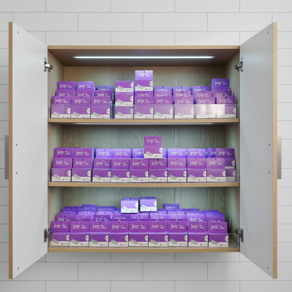 Joy 5-Blade Razor Refills 12ct in organized bathroom storage cabinet showing bulk supply stock